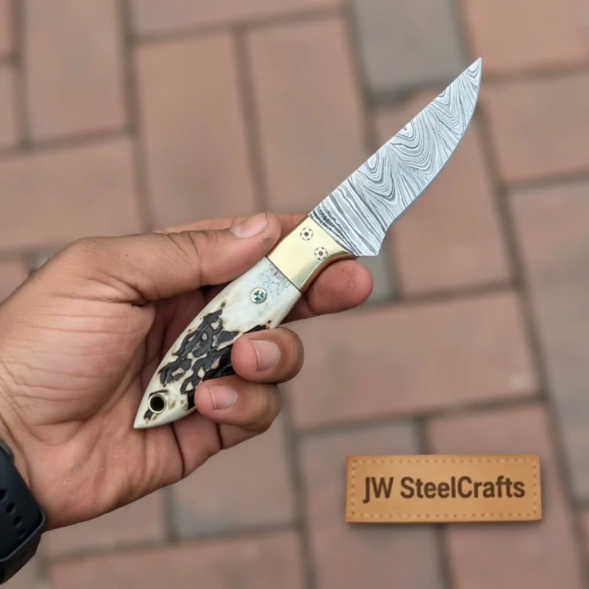 Handmade Damascus Drop Point EDC Knife Fixed Blade Stag Handle Brass Bolster
