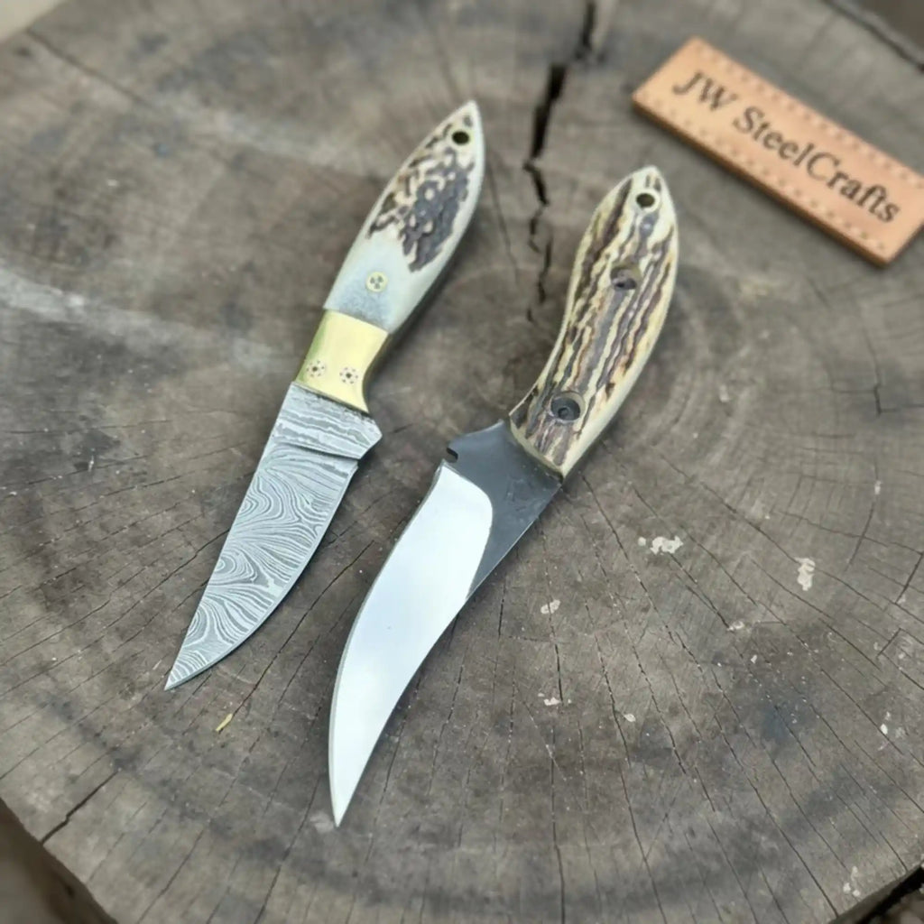 Nessmuk Style Knife Set Damascus and Polished Trailing Point Blades Stag Bone Handles