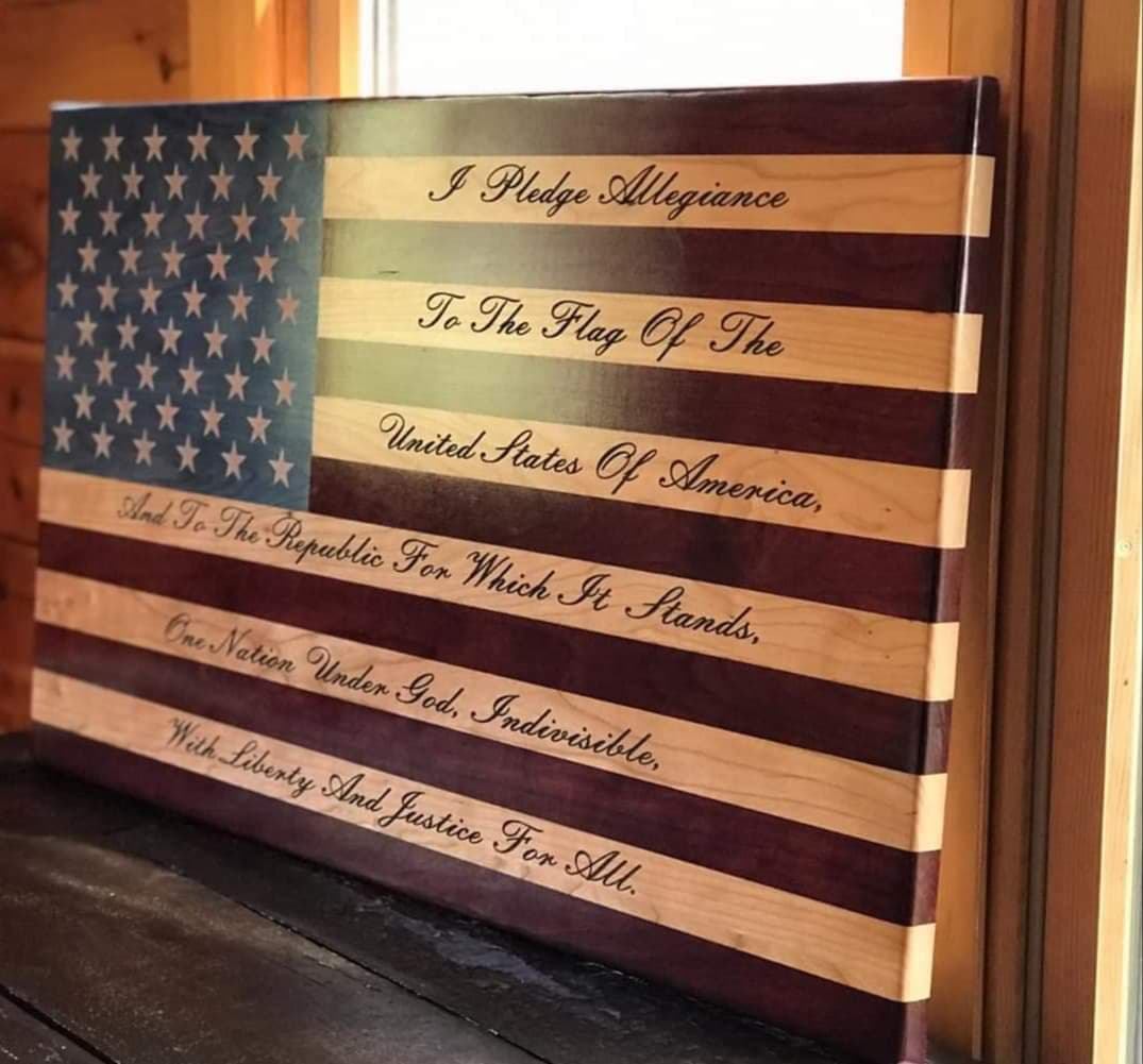 Pledge of Allegiance Engraved Handcrafted Patriotic Wall Flag – Made by U.S. Veterans