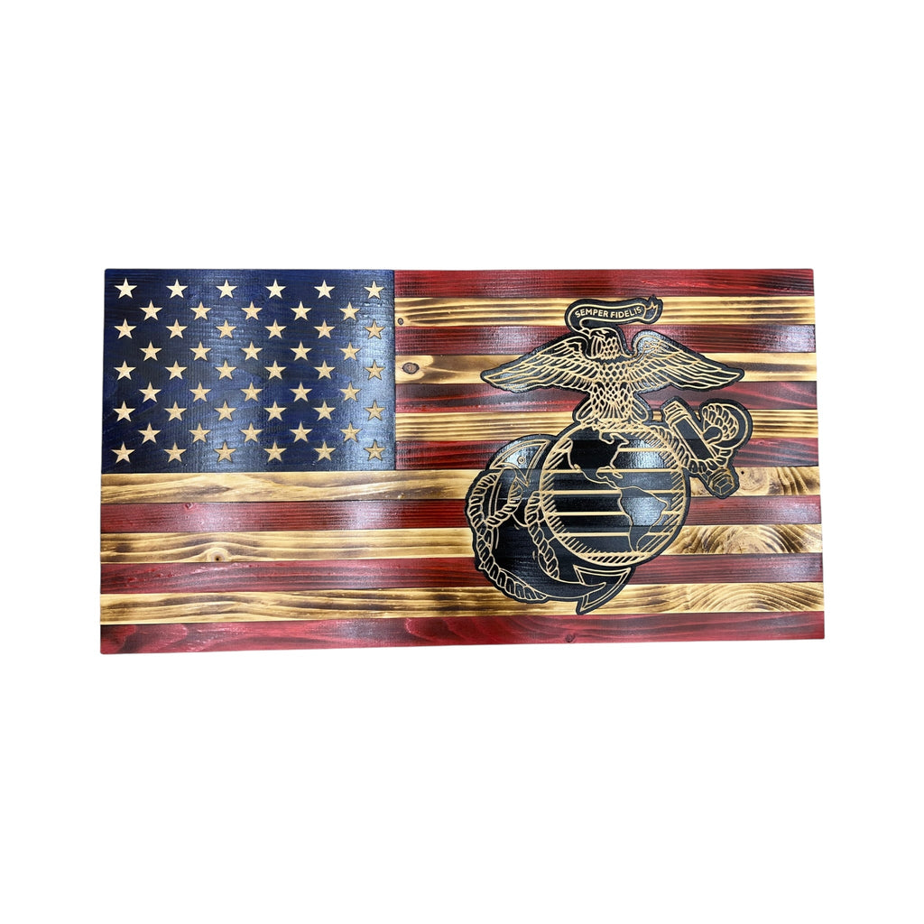Wooden American Flag with Marine Corps Logo and Personalization