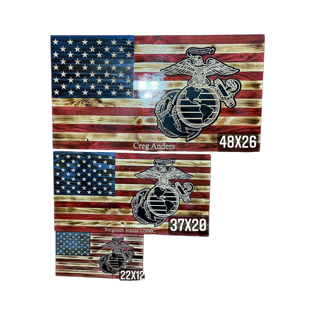 Wooden American Flag with Marine Corps Logo and Personalization