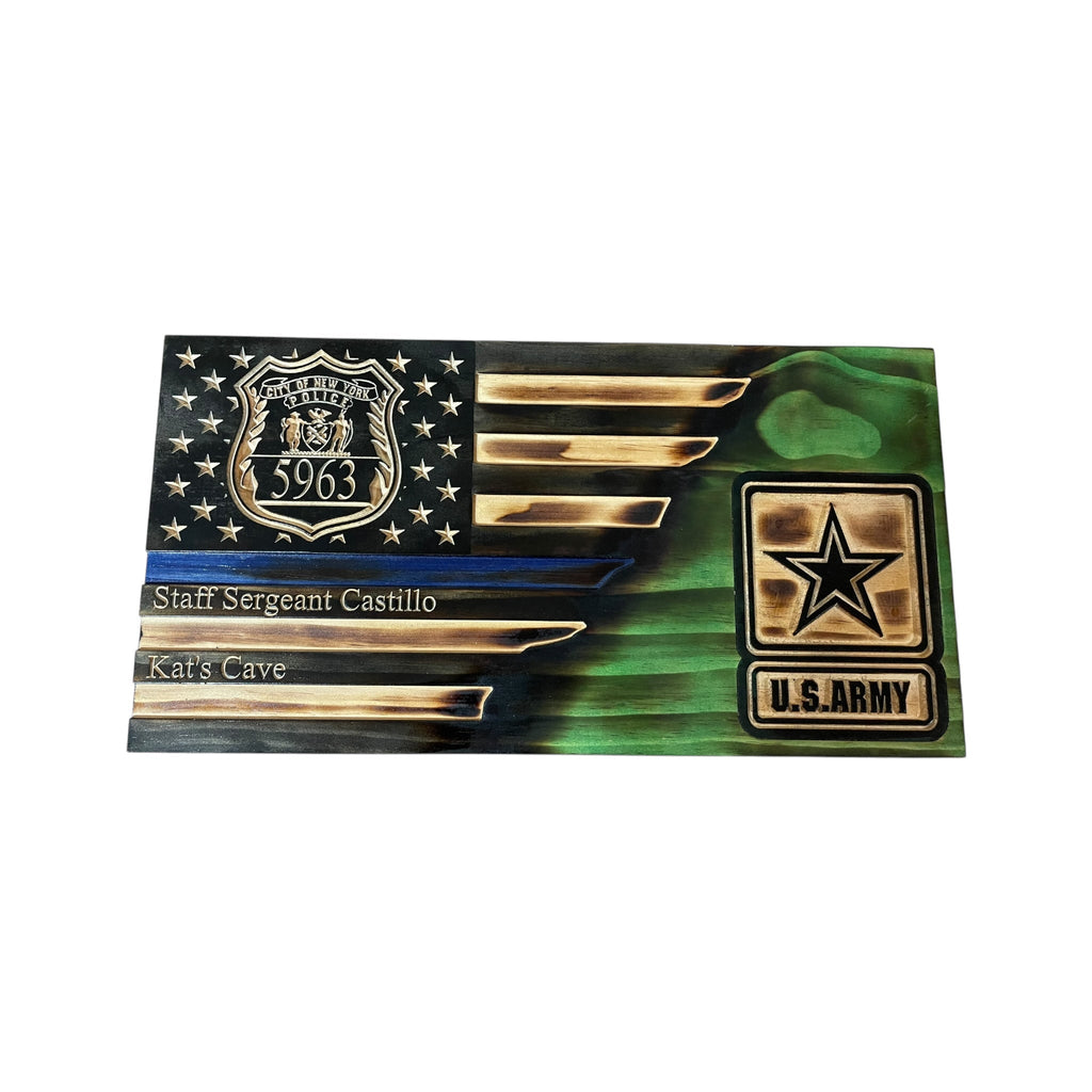 Custom Split American Flag with Engraved Badges and Personalization
