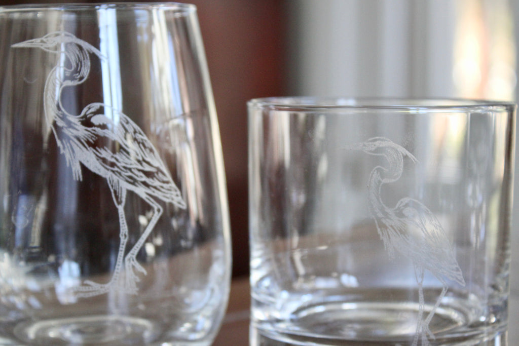 Blue Heron Engraved Glasses