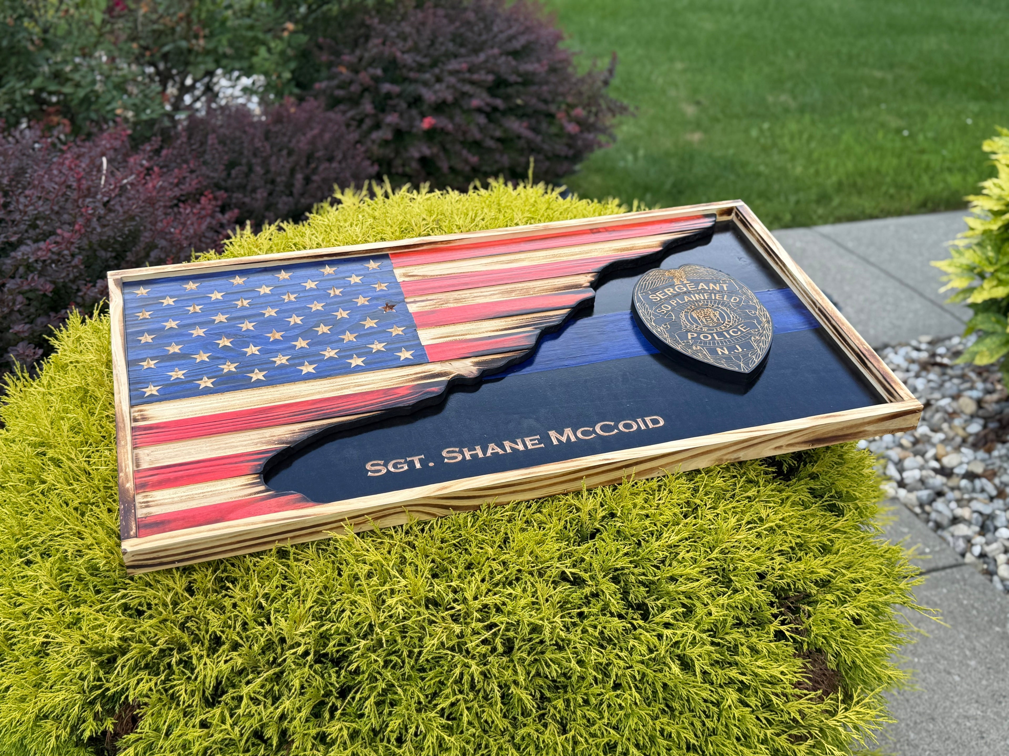 Custom Thin Line American Flag with Badge | 3D Carved First Responder Wall Art