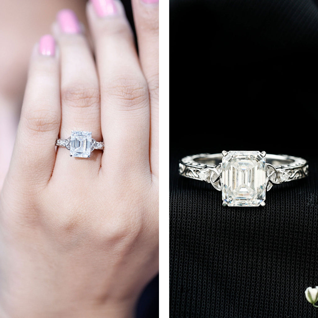 7X9 mm Emerald Cut Moissanite Solitaire Celtic Ring with Engraved Shank