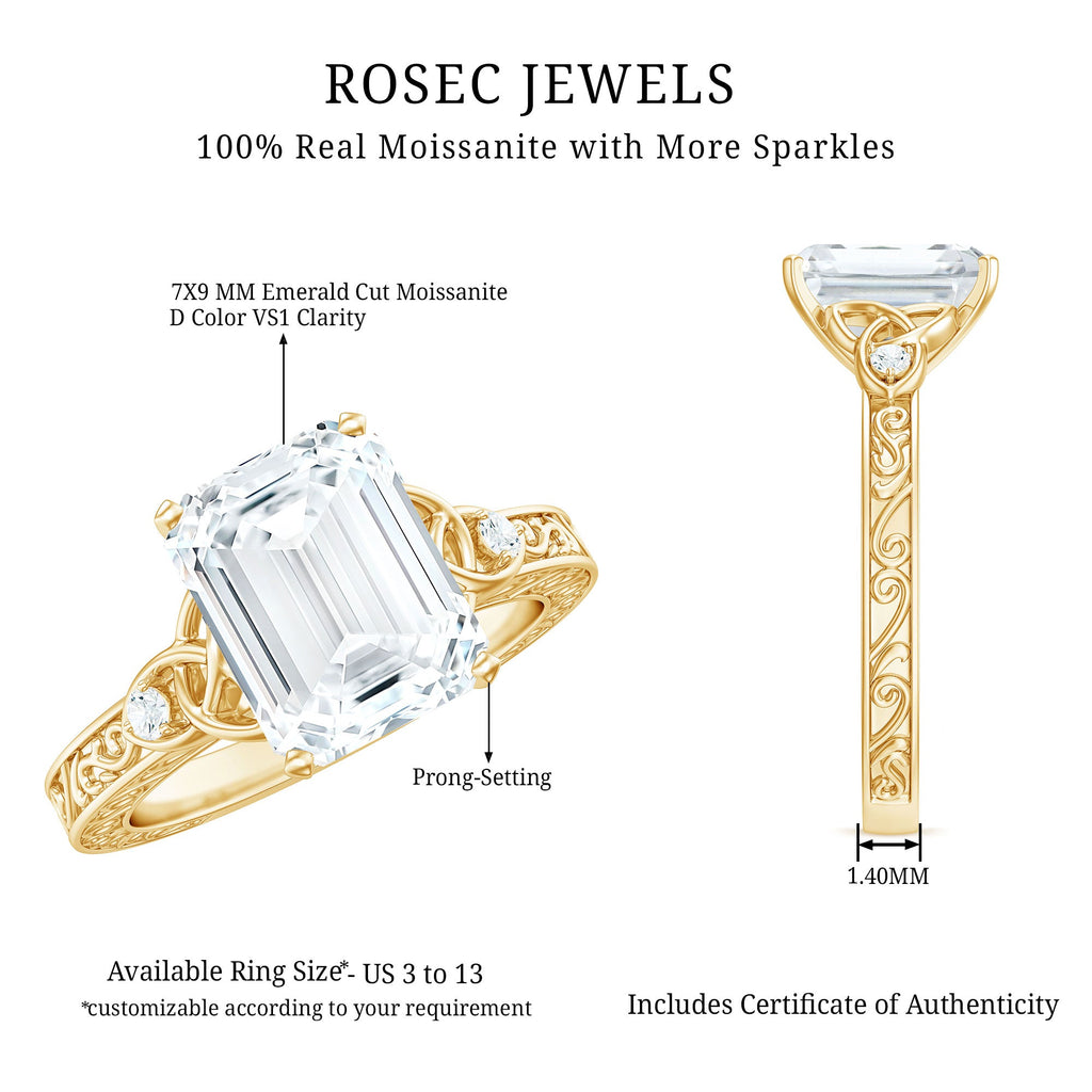 7X9 mm Emerald Cut Moissanite Solitaire Celtic Ring with Engraved Shank