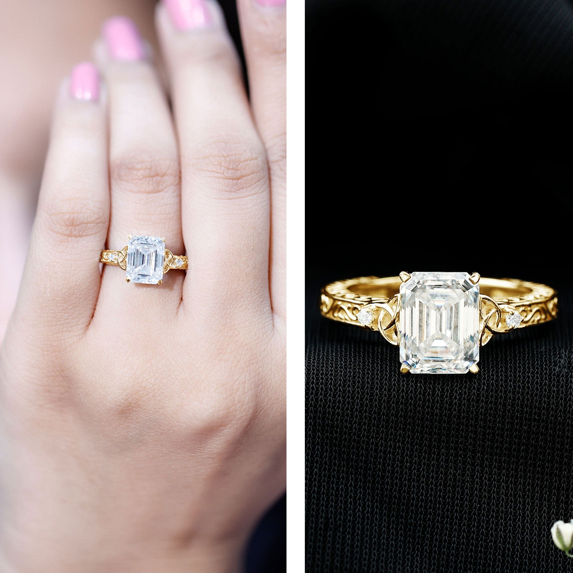7X9 mm Emerald Cut Moissanite Solitaire Celtic Ring with Engraved Shank
