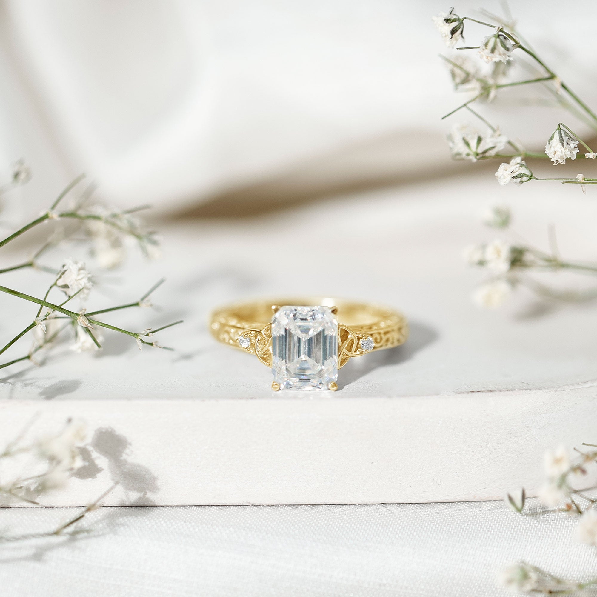7X9 mm Emerald Cut Moissanite Solitaire Celtic Ring with Engraved Shank