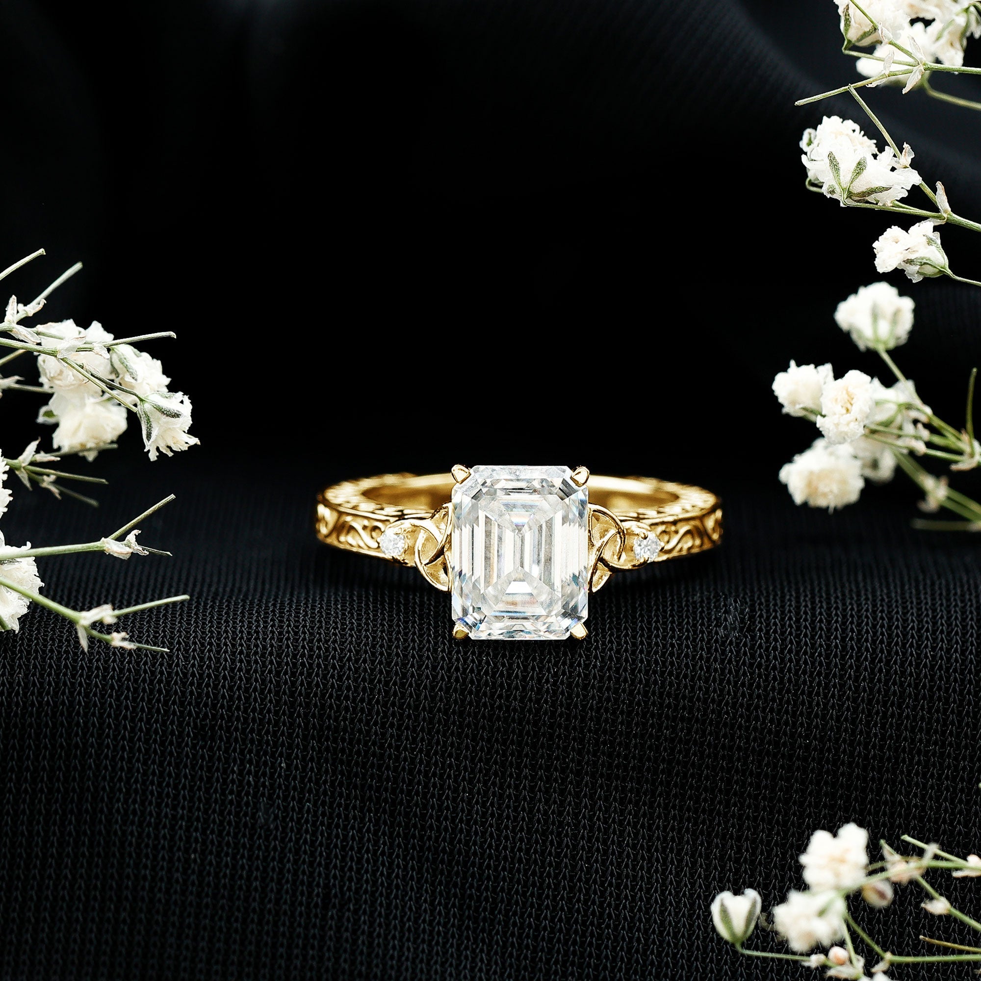 7X9 mm Emerald Cut Moissanite Solitaire Celtic Ring with Engraved Shank