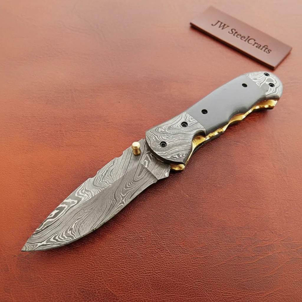 Handmade Damascus Folding Knife with Gray Micarta Handle, Custom Pocket Knife, EDC Damascus Folder by JW SteelCrafts