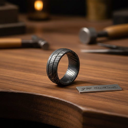 Black Damascus Steel Wedding Ring Set Double Groove Couple Bands